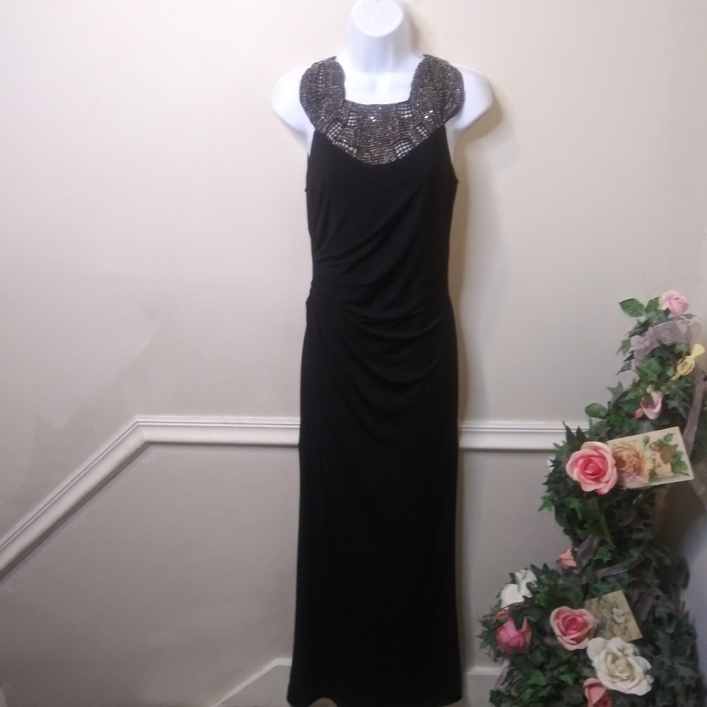 David Meister Black Beaded Collar, Ruched Waist Evening Gown